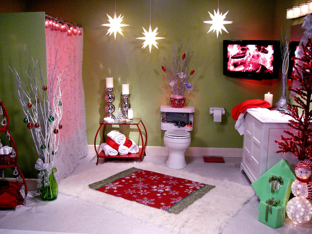 bathroom vanities high end christmas bathroom decorations with cheerful and joyful theme with xmas star ceiling lamp decor and snowflake xmas rug with white fur and red lighted christmas tree and ligh 20 Amazing Christmas Bathroom Decoration Ideas