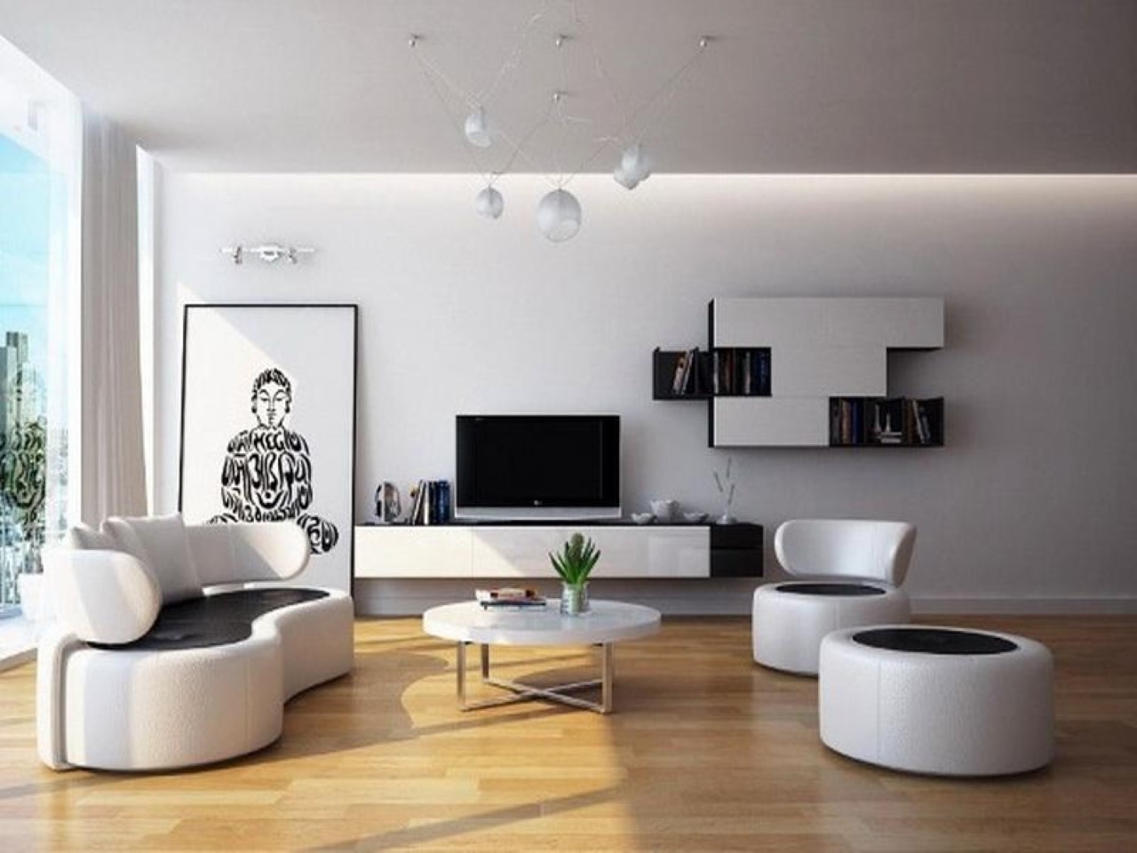 minimalist-living-room-round-couch-design-white-wall-mounted-modern ...